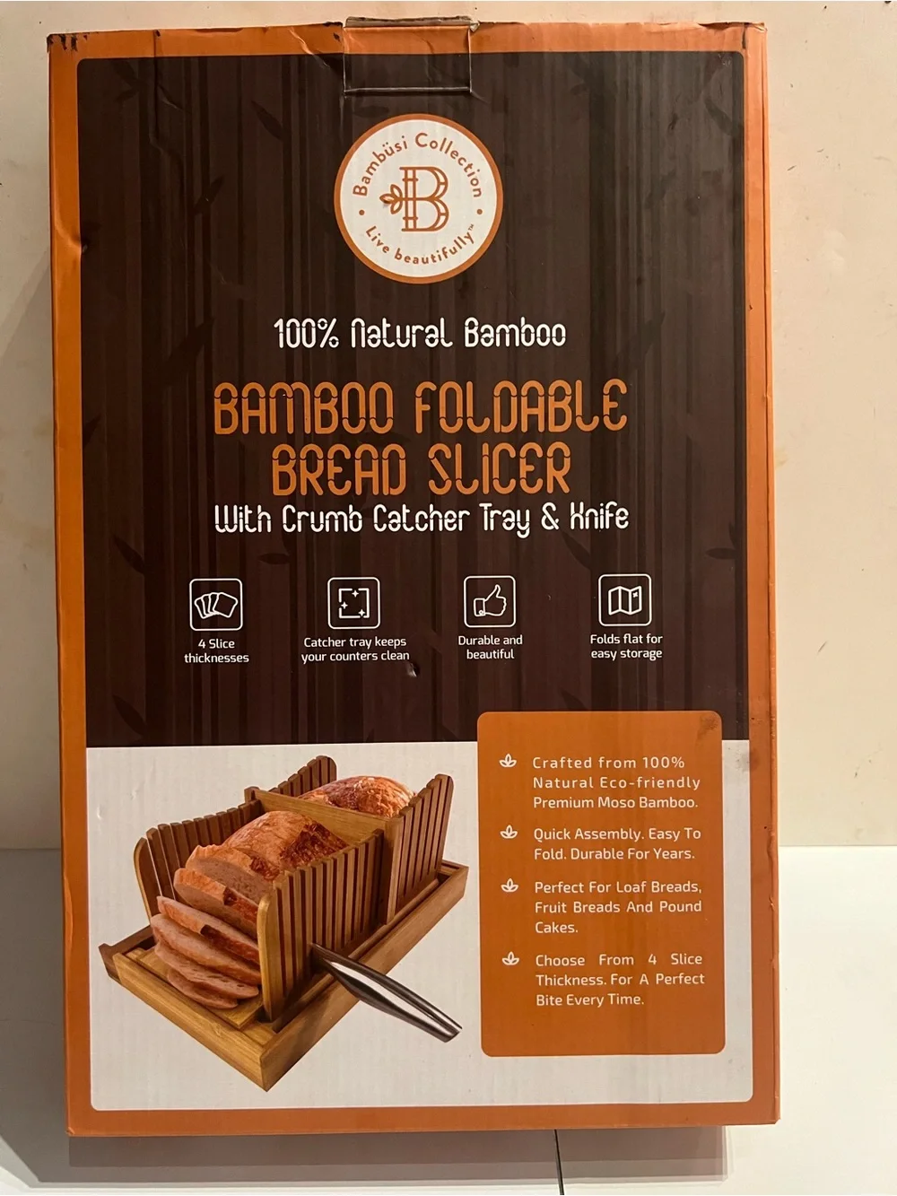 Bamboo Bread Slicer Foldable Adjustable Cutter with Stainless Knife Bambusi Open